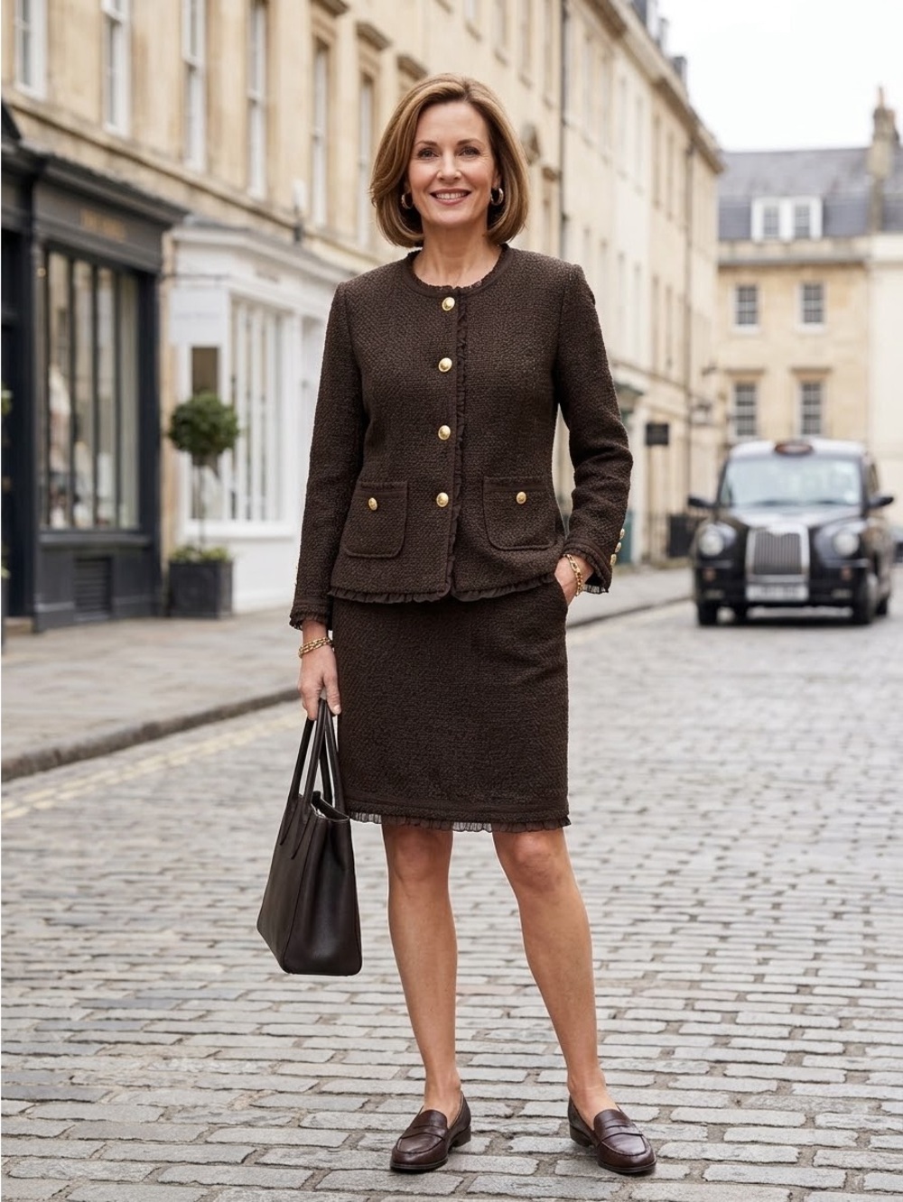 Vintage Joan Rivers Classic Brown Tweed Women’s Piece Suit With Gold Buttons